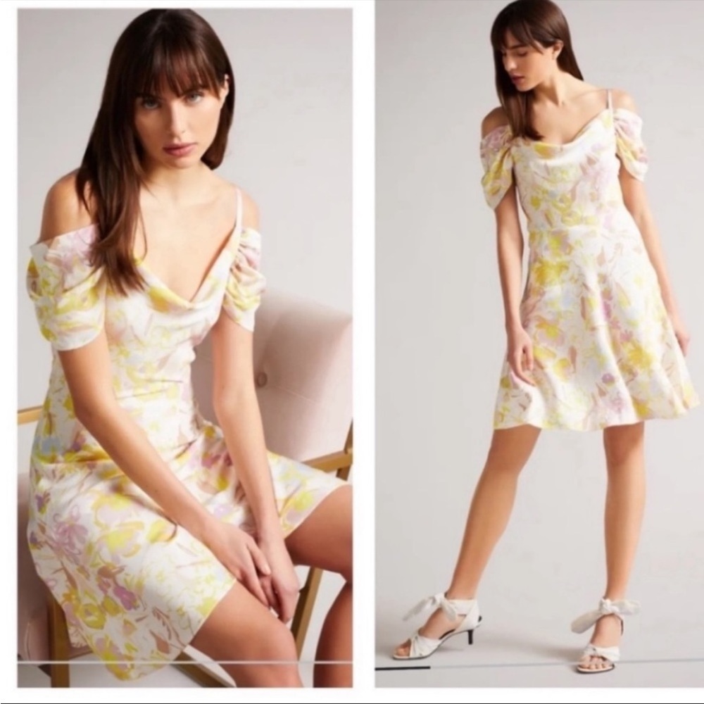 Camily Ted Baker Cowl Front Satin mini dress.